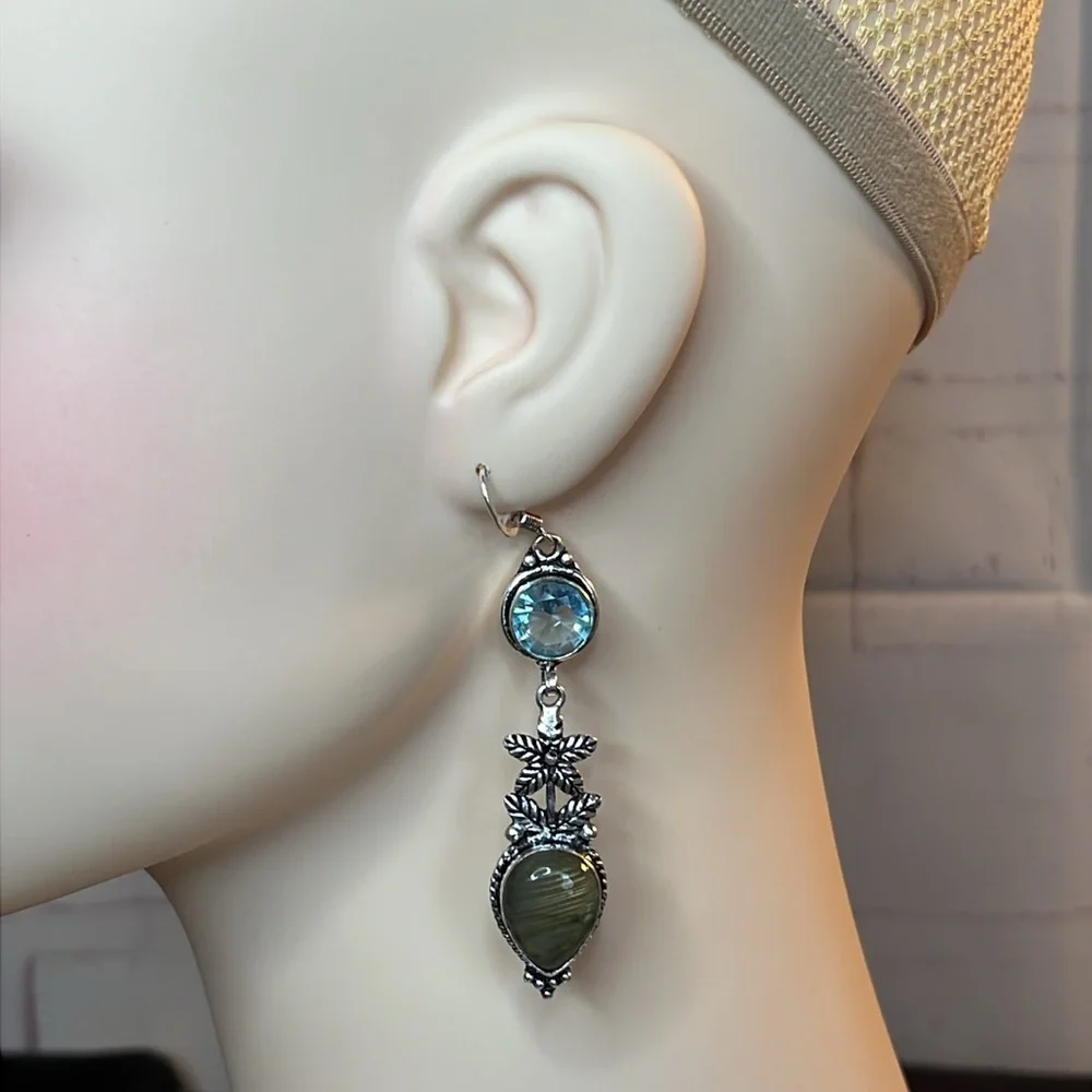 NWT BLUE TOPAZ , LABRADORITE 925 STERLING SILVER DROP FLOWER EARRINGS 2.2” - Picture 2 of 9